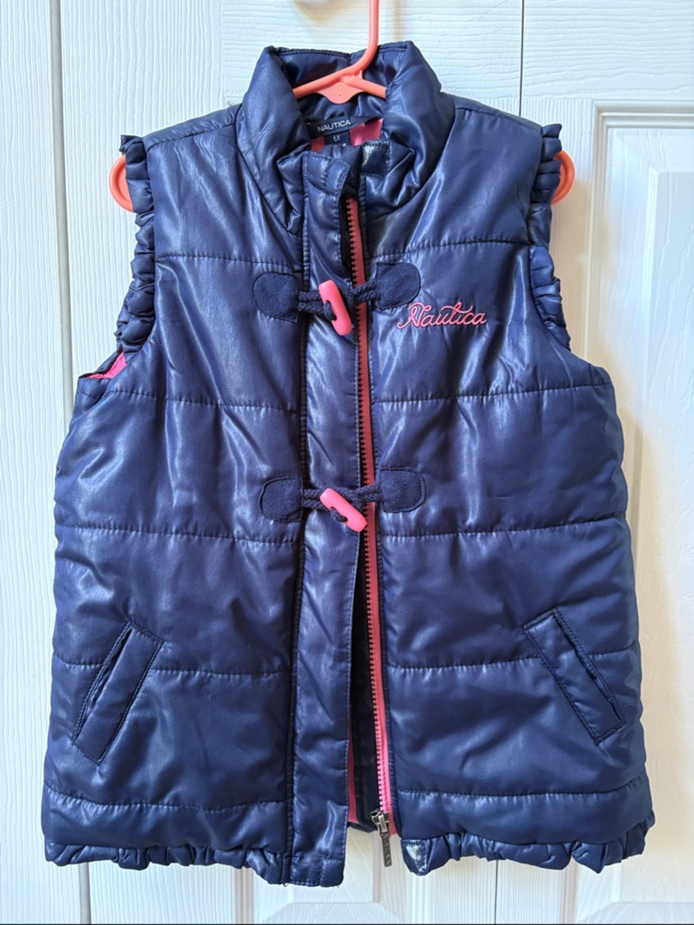 Nautica Navy Girls Quilted Puffer Vest with Pink Trim (6X)